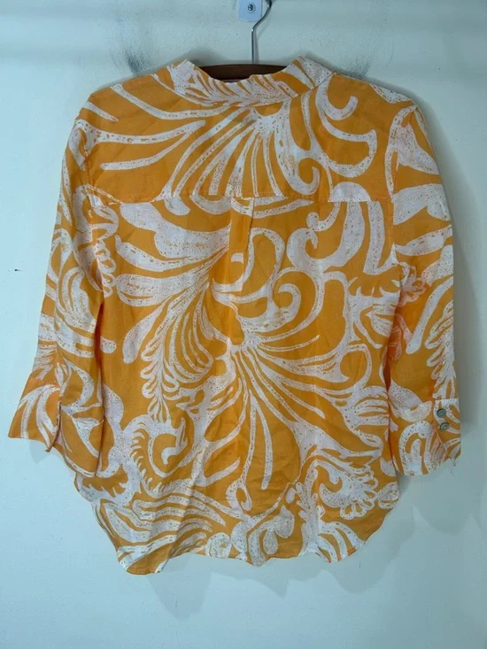CHICO’S 100% Linen Orange White 3/4 Sleeve Button Front Blouse Size 2 US 12 - Picture 3 of 13